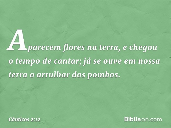 Aparecem flores na terra,
e chegou o tempo de cantar;
já se ouve em nossa terra
o arrulhar dos pombos. -- Cânticos 2:12