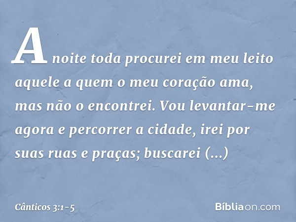 A noite toda procurei em meu leito
aquele a quem o meu coração ama,
mas não o encontrei. Vou levantar-me agora
e percorrer a cidade,
irei por suas ruas e praças