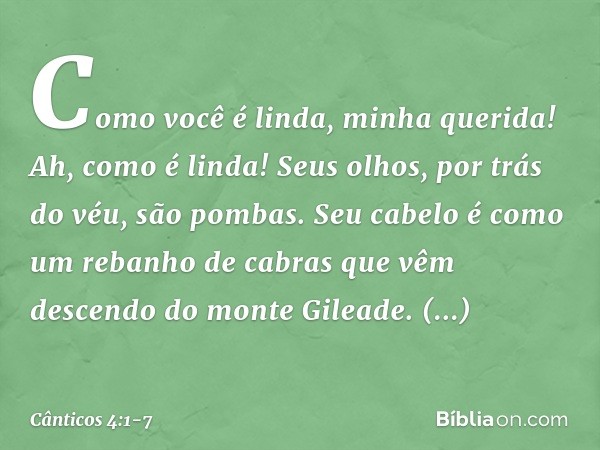 Como você é linda, minha querida!
Ah, como é linda!
Seus olhos, por trás do véu, são pombas.
Seu cabelo é como um rebanho de cabras
que vêm descendo do monte Gi