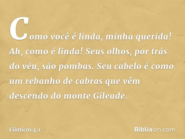 Como você é linda, minha querida!
Ah, como é linda!
Seus olhos, por trás do véu, são pombas.
Seu cabelo é como um rebanho de cabras
que vêm descendo do monte Gi