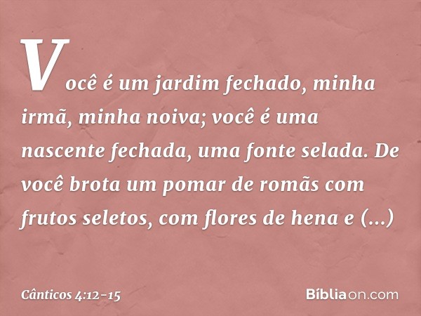 Você é um jardim fechado,
minha irmã, minha noiva;
você é uma nascente fechada,
uma fonte selada. De você brota um pomar de romãs
com frutos seletos,
com flores