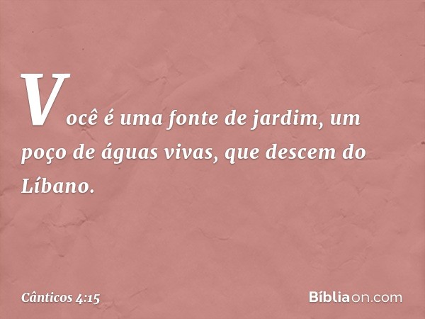 Você é uma fonte de jardim,
um poço de águas vivas,
que descem do Líbano. -- Cânticos 4:15