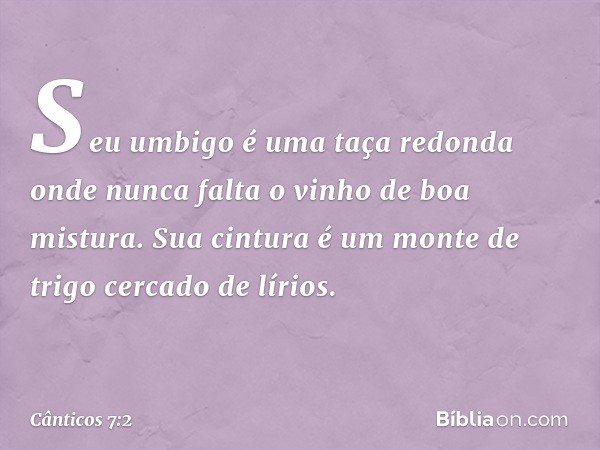 Seu umbigo é uma taça redonda
onde nunca falta o vinho
de boa mistura.
Sua cintura é um monte de trigo
cercado de lírios. -- Cânticos 7:2