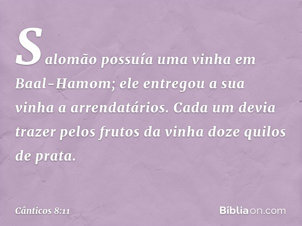 Salomão possuía uma vinha
em Baal-Hamom;
ele entregou a sua vinha a arrendatários.
Cada um devia trazer pelos
frutos da vinha
doze quilos de prata. -- Cânticos 