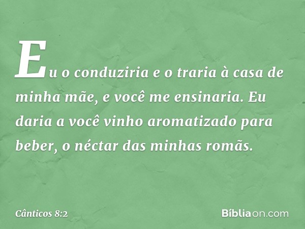 Eu o conduziria
e o traria à casa de minha mãe,
e você me ensinaria.
Eu daria a você vinho aromatizado
para beber,
o néctar das minhas romãs. -- Cânticos 8:2