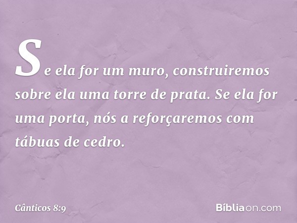 Se ela for um muro,
construiremos sobre ela
uma torre de prata.
Se ela for uma porta,
nós a reforçaremos com tábuas de cedro. -- Cânticos 8:9