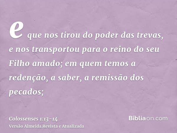 e que nos tirou do poder das trevas, e nos transportou para o reino do seu Filho amado;em quem temos a redenção, a saber, a remissão dos pecados;