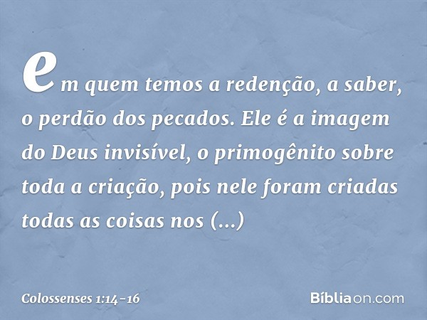 em quem temos a redenção, a saber, o perdão dos pecados. Ele é a imagem
do Deus invisível,
o primogênito
sobre toda a criação, pois nele foram criadas
todas as