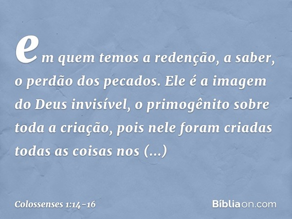 em quem temos a redenção, a saber, o perdão dos pecados. Ele é a imagem
do Deus invisível,
o primogênito
sobre toda a criação, pois nele foram criadas
todas as 