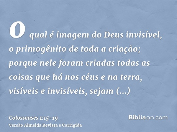 o qual é imagem do Deus invisível, o primogênito de toda a criação;porque nele foram criadas todas as coisas que há nos céus e na terra, visíveis e invisíveis,