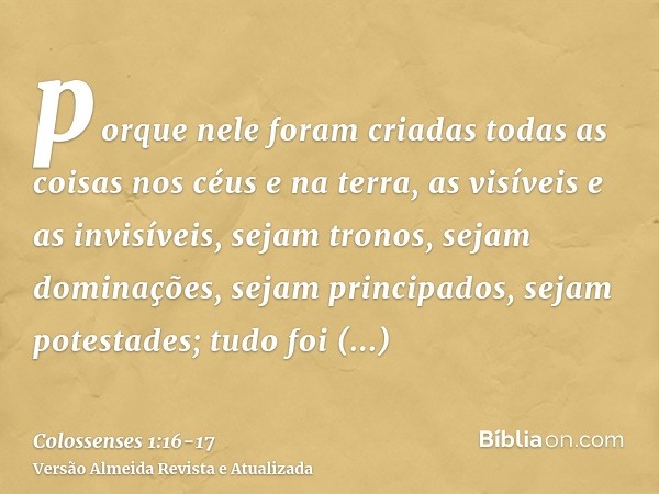 porque nele foram criadas todas as coisas nos céus e na terra, as visíveis e as invisíveis, sejam tronos, sejam dominações, sejam principados, sejam potestades;