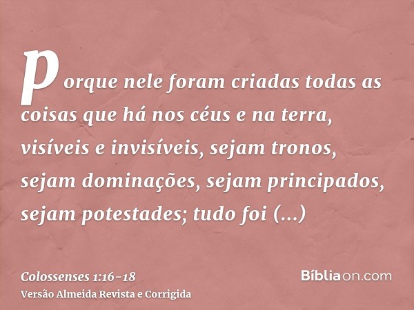 porque nele foram criadas todas as coisas que há nos céus e na terra, visíveis e invisíveis, sejam tronos, sejam dominações, sejam principados, sejam potestades