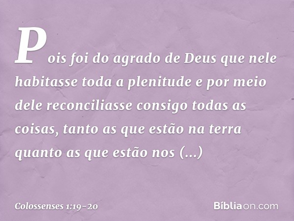 Pois foi do agrado de Deus
que nele habitasse toda a plenitude e por meio dele reconciliasse consigo
todas as coisas,
tanto as que estão na terra
quanto as que 