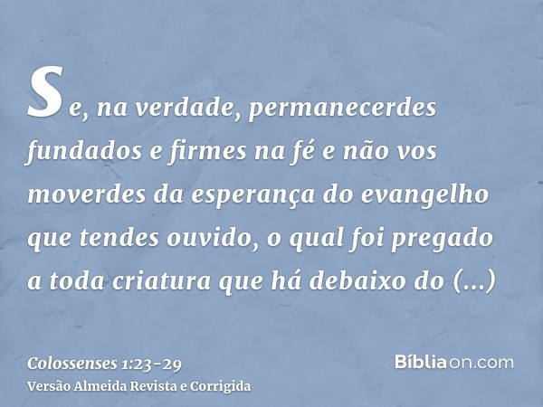 se, na verdade, permanecerdes fundados e firmes na fé e não vos moverdes da esperança do evangelho que tendes ouvido, o qual foi pregado a toda criatura que há 