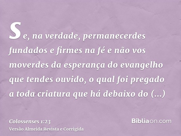 se, na verdade, permanecerdes fundados e firmes na fé e não vos moverdes da esperança do evangelho que tendes ouvido, o qual foi pregado a toda criatura que há 