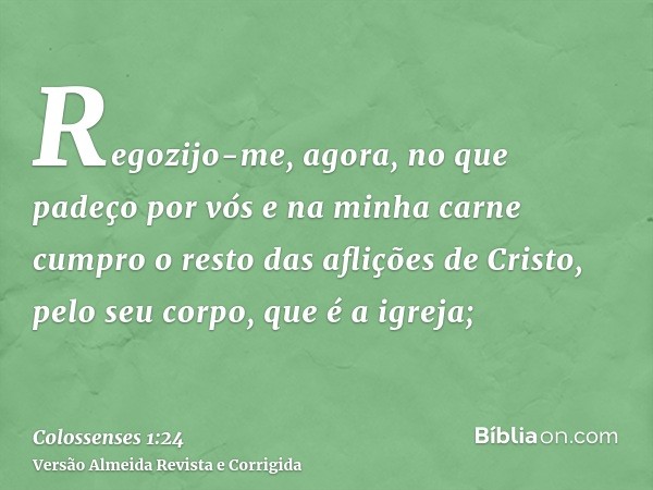 Regozijo-me, agora, no que padeço por vós e na minha carne cumpro o resto das aflições de Cristo, pelo seu corpo, que é a igreja;