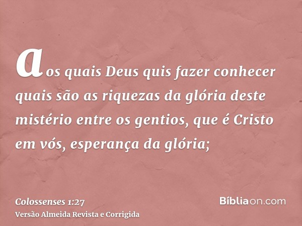 aos quais Deus quis fazer conhecer quais são as riquezas da glória deste mistério entre os gentios, que é Cristo em vós, esperança da glória;