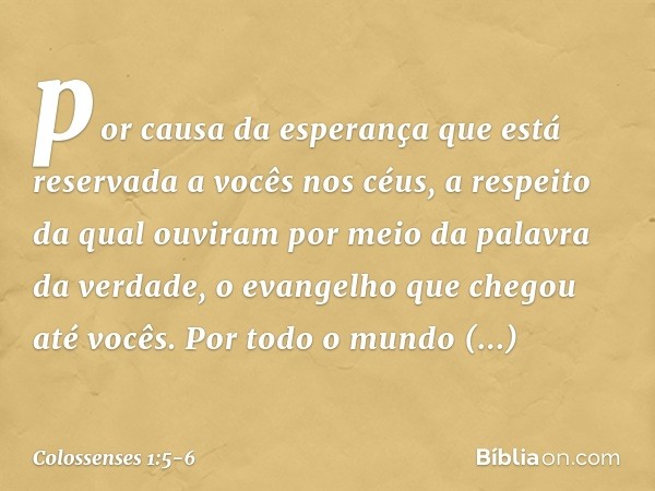 por causa da esperança que está reservada a vocês nos céus, a respeito da qual ouviram por meio da palavra da verdade, o evangelho que chegou até vocês. Por tod