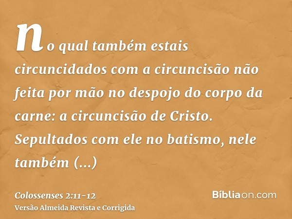 no qual também estais circuncidados com a circuncisão não feita por mão no despojo do corpo da carne: a circuncisão de Cristo.Sepultados com ele no batismo, nel