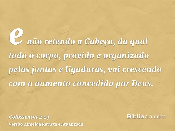 e não retendo a Cabeça, da qual todo o corpo, provido e organizado pelas juntas e ligaduras, vai crescendo com o aumento concedido por Deus.