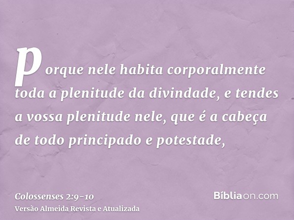 porque nele habita corporalmente toda a plenitude da divindade,e tendes a vossa plenitude nele, que é a cabeça de todo principado e potestade,