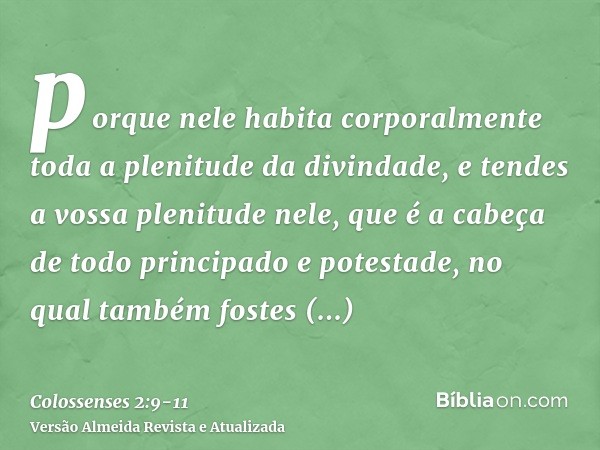 porque nele habita corporalmente toda a plenitude da divindade,e tendes a vossa plenitude nele, que é a cabeça de todo principado e potestade,no qual também fos