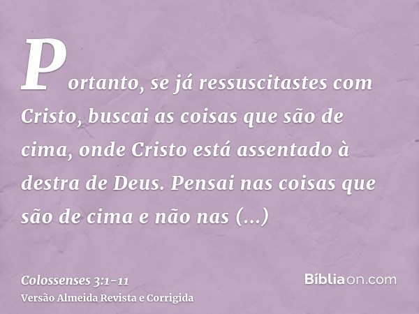 Portanto, se já ressuscitastes com Cristo, buscai as coisas que são de cima, onde Cristo está assentado à destra de Deus.Pensai nas coisas que são de cima e não