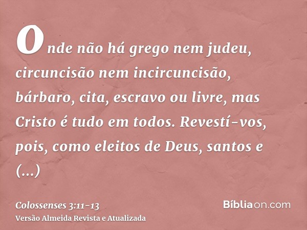 onde não há grego nem judeu, circuncisão nem incircuncisão, bárbaro, cita, escravo ou livre, mas Cristo é tudo em todos.Revestí-vos, pois, como eleitos de Deus,