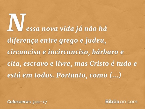 Nessa nova vida já não há diferença entre grego e judeu, circunciso e incircunciso, bárbaro e cita, escravo e livre, mas Cristo é tudo e está em todos. Portanto