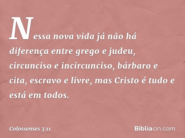 Nessa nova vida já não há diferença entre grego e judeu, circunciso e incircunciso, bárbaro e cita, escravo e livre, mas Cristo é tudo e está em todos. -- Colos