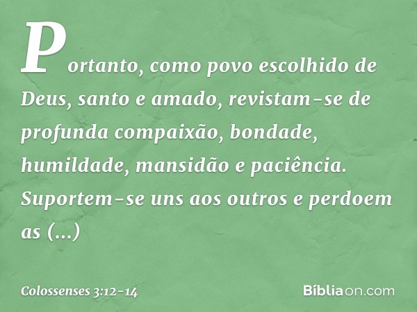 Portanto, como povo escolhido de Deus, santo e amado, revistam-se de profunda compaixão, bondade, humildade, mansidão e paciência. Suportem-se uns aos outros e 