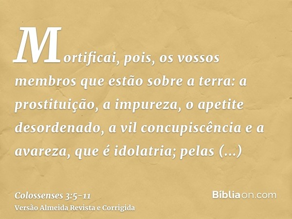Mortificai, pois, os vossos membros que estão sobre a terra: a prostituição, a impureza, o apetite desordenado, a vil concupiscência e a avareza, que é idolatri