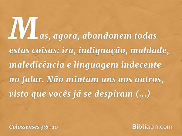 Mas, agora, abandonem todas estas coisas: ira, indignação, maldade, maledicência e linguagem indecente no falar. Não mintam uns aos outros, visto que vocês já s