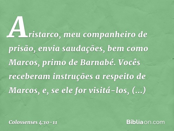 Aristarco, meu companheiro de prisão, envia saudações, bem como Marcos, primo de Barnabé. Vocês receberam instruções a respeito de Marcos, e, se ele for visitá-