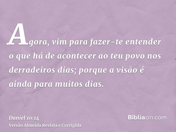 Agora, vim para fazer-te entender o que há de acontecer ao teu povo nos derradeiros dias; porque a visão é ainda para muitos dias.