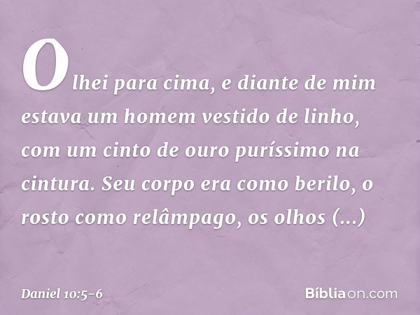 Olhei para cima, e diante de mim estava um homem vestido de linho, com um cinto de ouro puríssimo na cintura. Seu corpo era como berilo, o rosto como relâmpago,