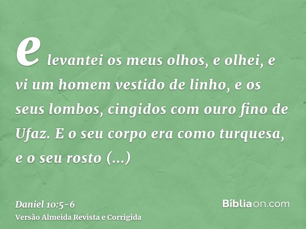 e levantei os meus olhos, e olhei, e vi um homem vestido de linho, e os seus lombos, cingidos com ouro fino de Ufaz.E o seu corpo era como turquesa, e o seu ros