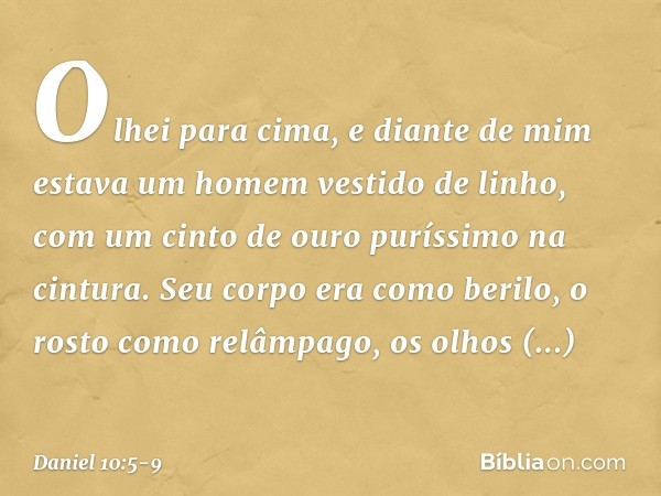 Olhei para cima, e diante de mim estava um homem vestido de linho, com um cinto de ouro puríssimo na cintura. Seu corpo era como berilo, o rosto como relâmpago,