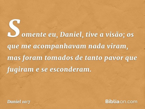 Somente eu, Daniel, tive a visão; os que me acompanhavam nada viram, mas foram tomados de tanto pavor que fugiram e se esconde­ram. -- Daniel 10:7