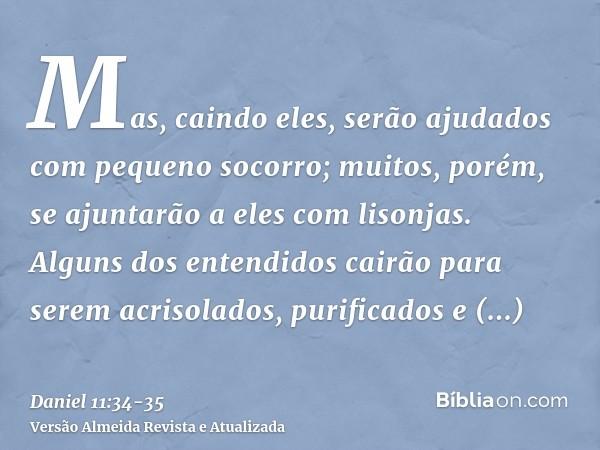 Mas, caindo eles, serão ajudados com pequeno socorro; muitos, porém, se ajuntarão a eles com lisonjas.Alguns dos entendidos cairão para serem acrisolados, purif