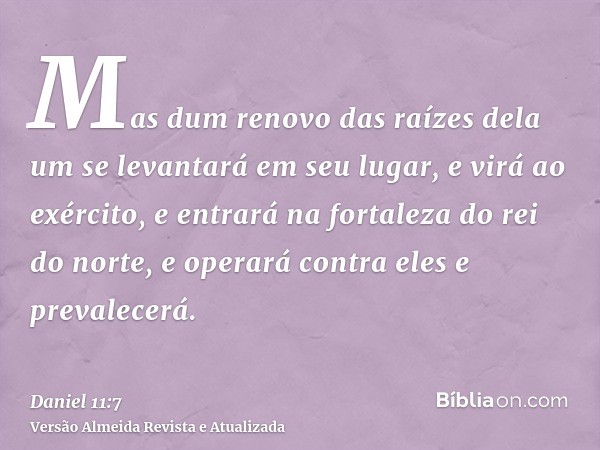 Mas dum renovo das raízes dela um se levantará em seu lugar, e virá ao exército, e entrará na fortaleza do rei do norte, e operará contra eles e prevalecerá.