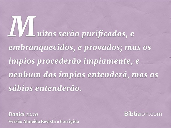 Muitos serão purificados, e embranquecidos, e provados; mas os ímpios procederão impiamente, e nenhum dos ímpios entenderá, mas os sábios entenderão.