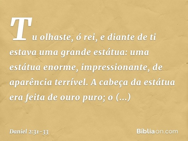 "Tu olhaste, ó rei, e diante de ti estava uma grande estátua: uma estátua enorme, im­pressionante, de aparência terrível. A cabeça da estátua era feita de ouro 
