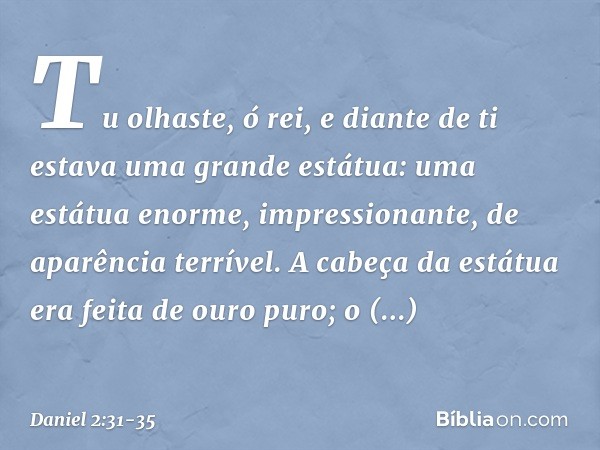 "Tu olhaste, ó rei, e diante de ti estava uma grande estátua: uma estátua enorme, im­pressionante, de aparência terrível. A cabeça da estátua era feita de ouro 