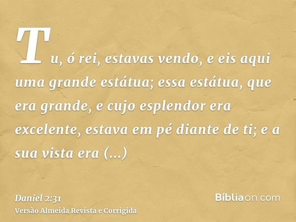 Tu, ó rei, estavas vendo, e eis aqui uma grande estátua; essa estátua, que era grande, e cujo esplendor era excelente, estava em pé diante de ti; e a sua vista 