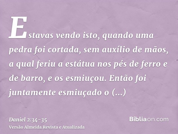 Estavas vendo isto, quando uma pedra foi cortada, sem auxílio de mãos, a qual feriu a estátua nos pés de ferro e de barro, e os esmiuçou.Então foi juntamente es