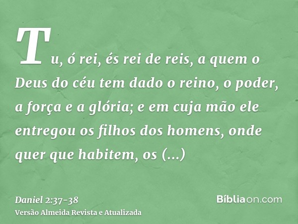 Tu, ó rei, és rei de reis, a quem o Deus do céu tem dado o reino, o poder, a força e a glória;e em cuja mão ele entregou os filhos dos homens, onde quer que hab