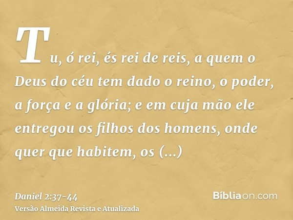 Tu, ó rei, és rei de reis, a quem o Deus do céu tem dado o reino, o poder, a força e a glória;e em cuja mão ele entregou os filhos dos homens, onde quer que hab