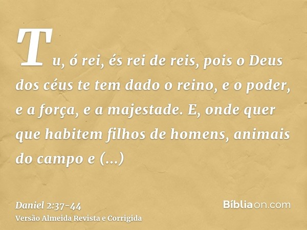 Tu, ó rei, és rei de reis, pois o Deus dos céus te tem dado o reino, e o poder, e a força, e a majestade.E, onde quer que habitem filhos de homens, animais do c