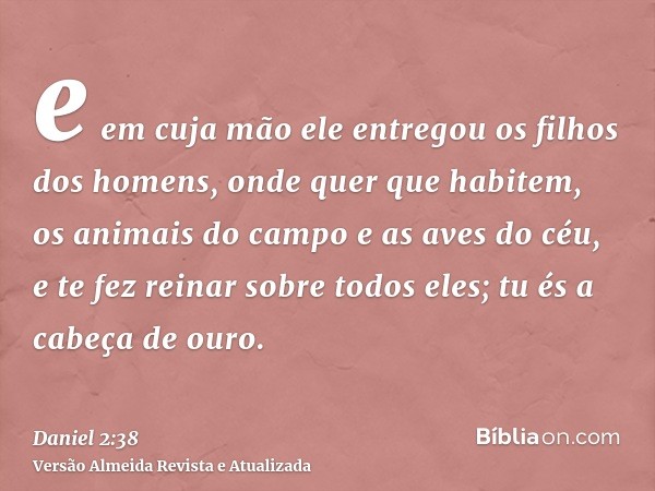 e em cuja mão ele entregou os filhos dos homens, onde quer que habitem, os animais do campo e as aves do céu, e te fez reinar sobre todos eles; tu és a cabeça d